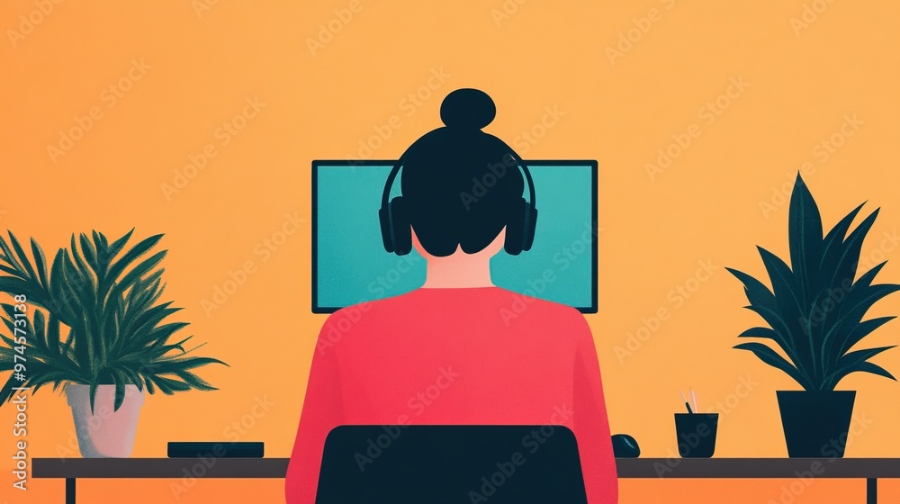 Fototapeta premium A woman working on a computer with headphones, surrounded by plants, against a vibrant orange wall, representing remote work and focus.