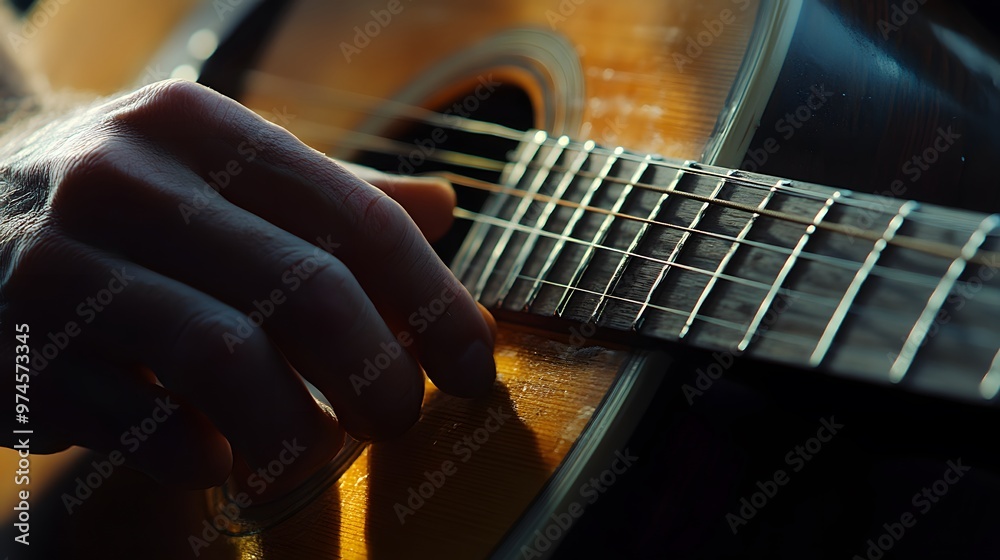 Fototapeta premium Musician’s Hand Playing a Guitar: A musician's hand strumming a guitar, with focus on the strings and hand movements. 