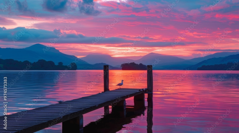 Fototapeta premium Colorful Sunset Over Calm Lake with a Pier and a Bird Standing Still