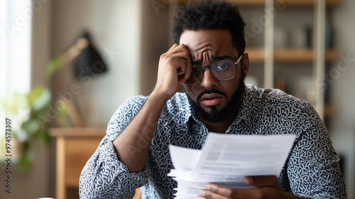 Man sitting at desk with concerned expression, holding stack of papers symbolizing financial stress and national debt, emphasizing personal and economic challenges. photo