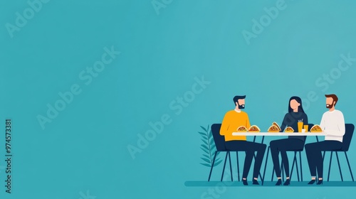 Business concept in minimal of Business team enjoying tacos during office lunch break, casual and fun workplace environment, Copy space for stock photo, no text, no logo, flat design illustration