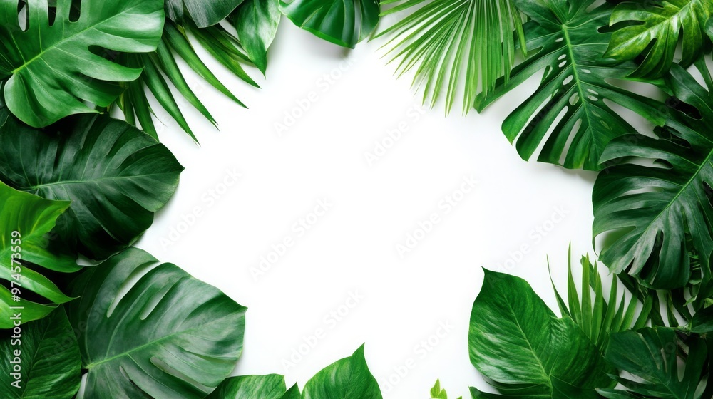 A circular frame of rich green tropical leaves set against a white background. A circular frame of rich green tropical leaves set against a white background.