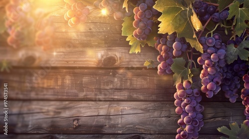 Grape fruit on vine in plantation farm gardent with wooden background photo