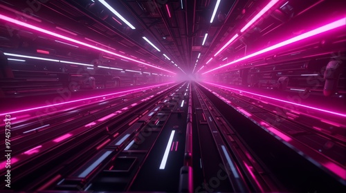 Pink neon lights and futuristic lines encircle a central Bitcoin, giving the image a digital, futuristic atmosphere