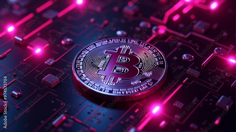 Pink neon lights and futuristic lines encircle a central Bitcoin, giving the image a digital, futuristic atmosphere Pink neon lights and futuristic lines encircle a central Bitcoin, giving the image a digital, futuristic atmosphere