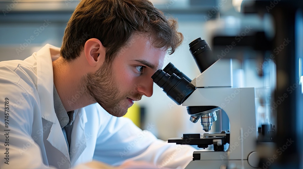 A researcher peering into a high-powered electron microscope, studying nanoscale structures in a clean, modern lab. A researcher peering into a high-powered electron microscope, studying nanoscale structures in a clean, modern lab.