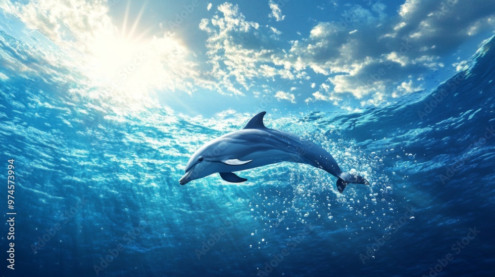 Fototapeta premium A dolphin diving gracefully beneath the surface, leaving a trail of bubbles, with a bright and sunny ocean scene above.