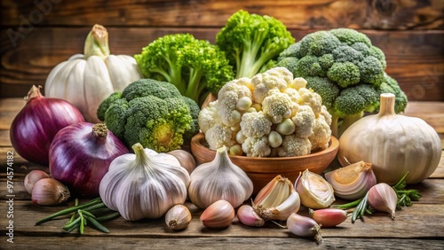 Fresh garlic bulbs, onions, and cruciferous vegetables like broccoli and cauliflower are arranged on a rustic wooden table, showcasing rich sulfur-rich food sources. photo