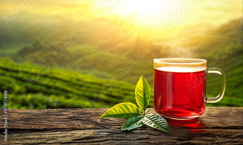 Red tea in glass cup, tea plantation with copy space, hight detailed upscaled image photo