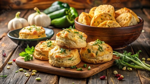 Freshly baked jalapeño cheddar biscuits, juicy jicama, and crisp julienned jicama strips arranged artfully on a rustic wooden table against a warm, earthy background. photo