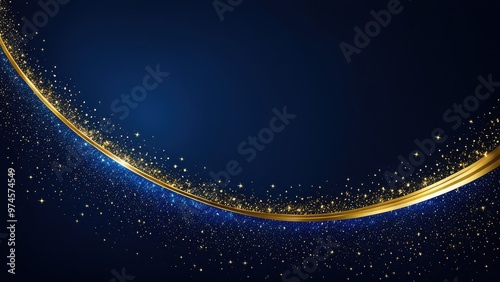 A shimmering blue background with a golden curve and sparkling particles, ideal for elegant designs.