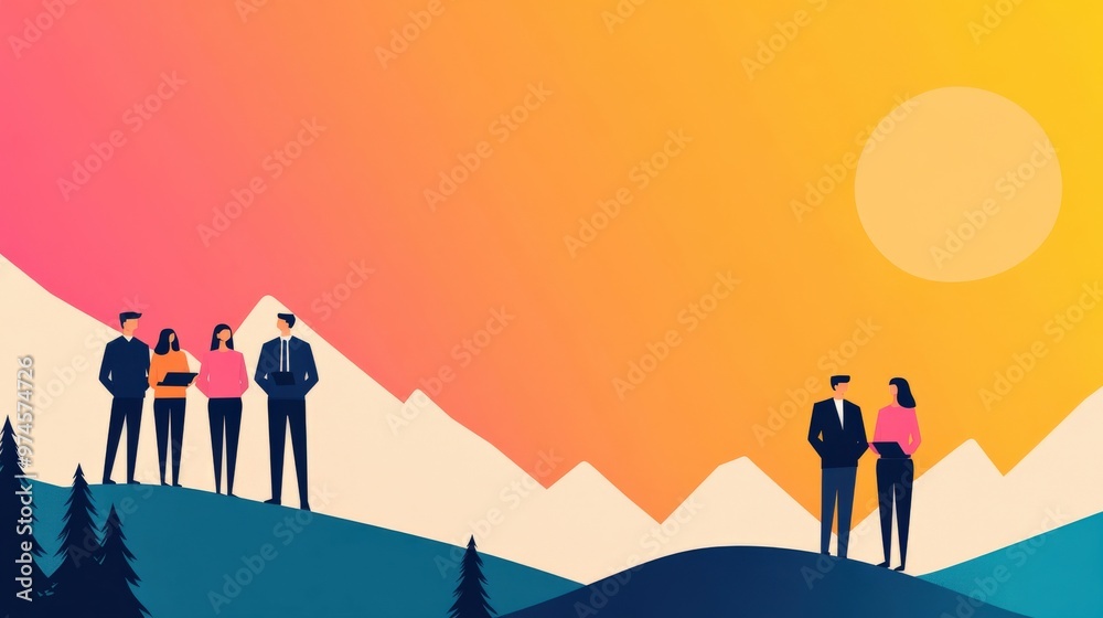Business concept in minimal of Team of professionals holding a meeting on a mountain trail, balancing work and adventure, Copy space for stock photo, no text, no logo, flat design illustration Business concept in minimal of Team of professionals holding a meeting on a mountain trail, balancing work and adventure, Copy space for stock photo, no text, no logo, flat design illustration