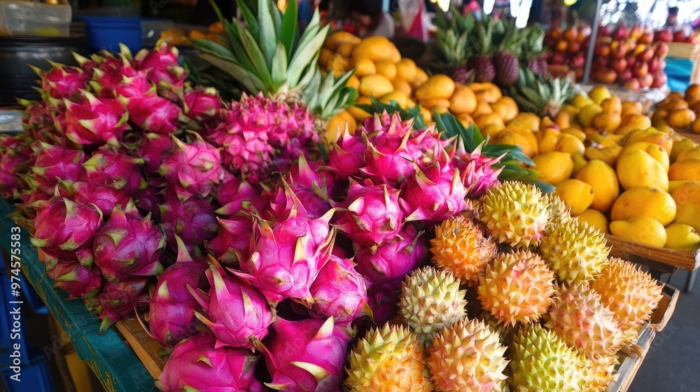 Fototapeta premium A vibrant selection of tropical Thai fruits like dragon fruit, mango, and rambutan displayed at a local street food stall.
