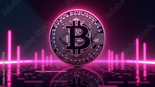 A futuristic Bitcoin placed in the middle, encircled by pink neon lights and digital lines in a modern design