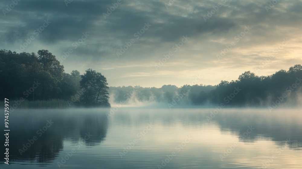 Fototapeta premium Serene Lake Morning with Mist, tranquil waters reflecting soft hues, gentle fog enveloping the surface, creating a calming atmosphere perfect for reflection and solitude