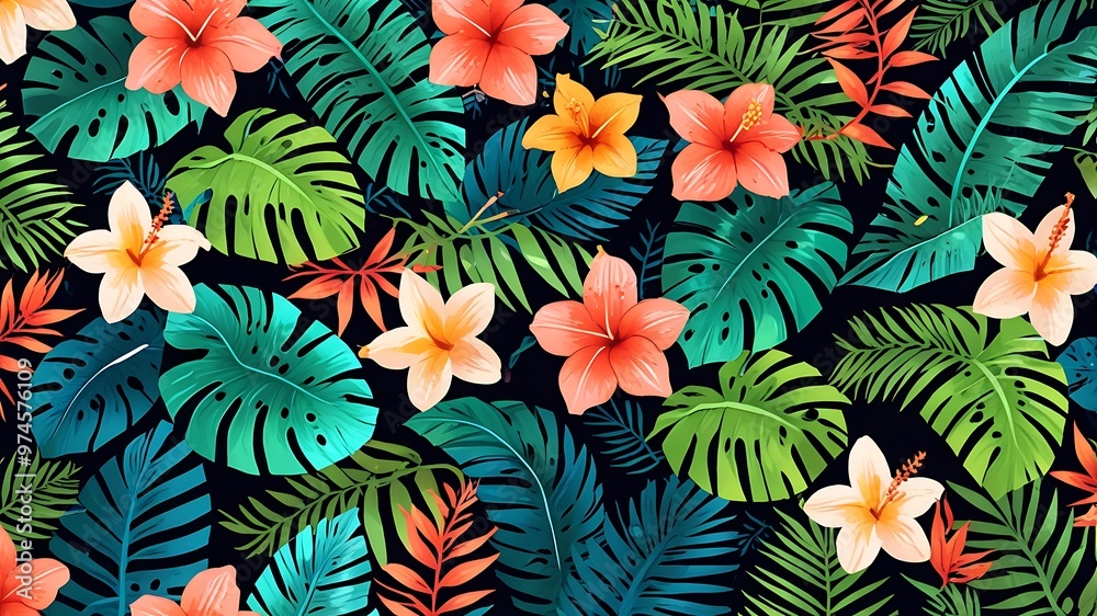 Tropical Floral Pattern with Lush Green Leaves