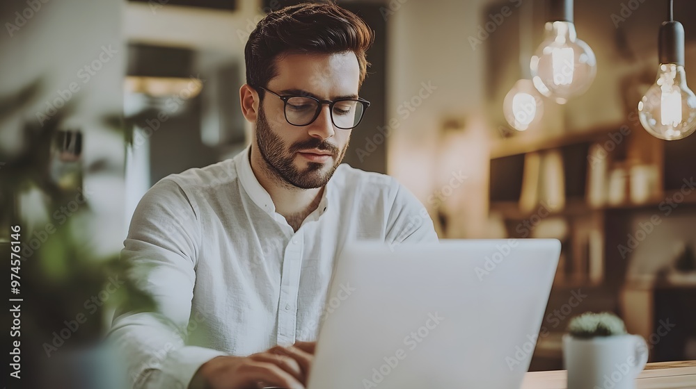 Obraz premium A Man with a Beard Wearing Glasses Using a Laptop Computer