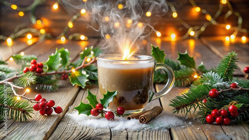 Frosted mug with festive holly and berry design, filled with steaming hot coffee, on a snowy wooden table with twinkling fairy lights and evergreen branches.