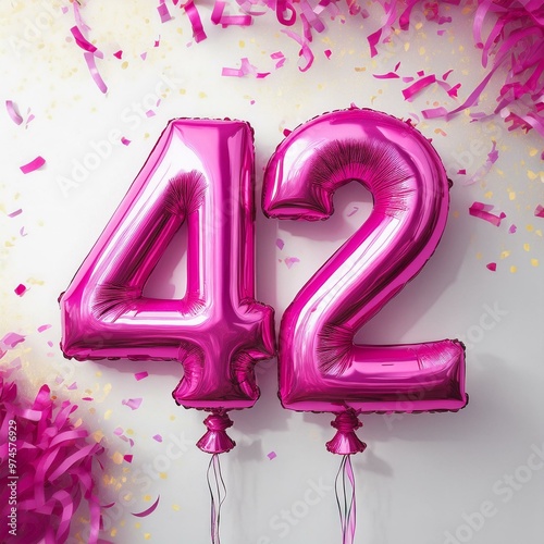 Pink birthday / anniversary balloon, number 42, white background with confetti