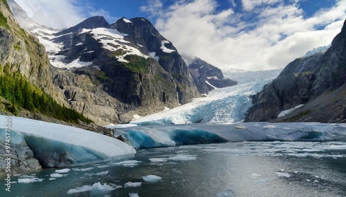 Icy Glaciers Carving Through Majestic Mountains, Showcasing Nature's Power photo