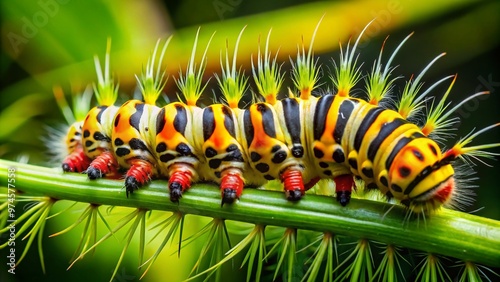 Fuzzy, yellow, black-striped Virginian tiger moth caterpillar with bright orange horns and whisker-like setae, crawls on leafy green vegetation, showcasing its vibrant colors and unique features. photo