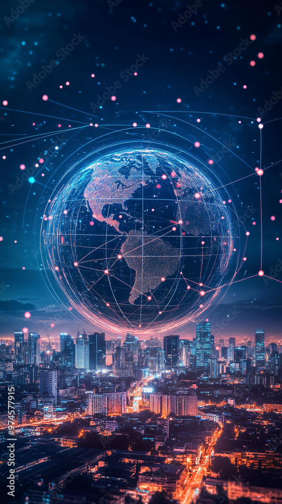Obraz premium Digital earth hovering over a sprawling cityscape at night, symbolizing global connectivity and communication