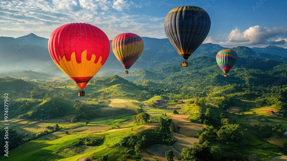 Fototapeta premium Brightly colored hot air balloons floating in the sky over a lush green valley, casting shadows on the landscape below.