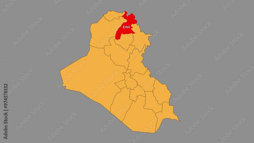 Erbil map animated video. The location is highlighted on the Iraq map. Colour map with Gray background in video format. Erbil map animated video. The location is highlighted on the Iraq map. Colour map with Gray background in video format.