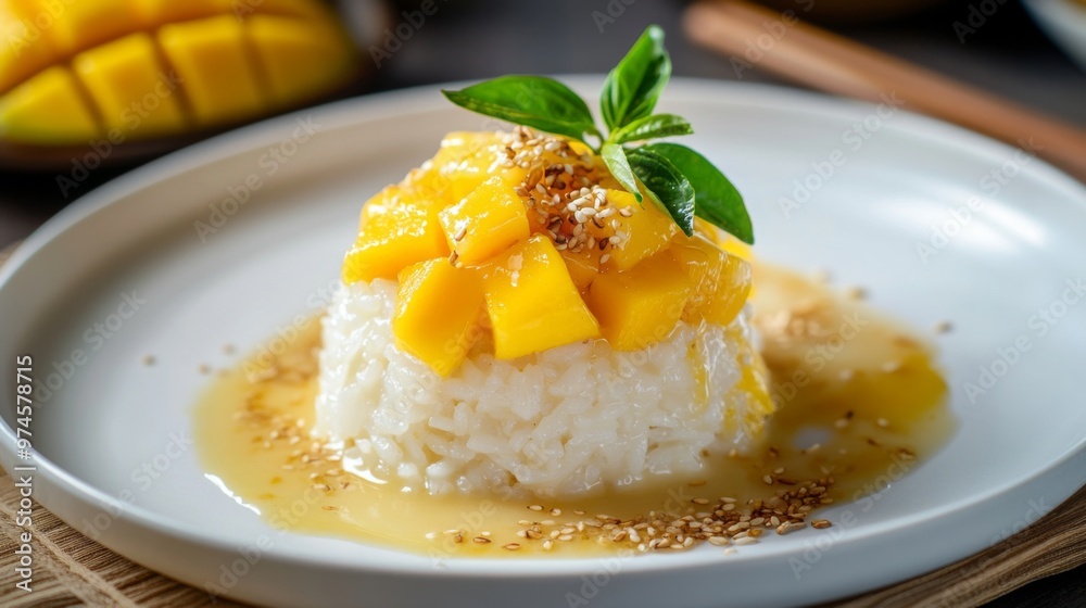 A dynamic shot of a serving of Thai mango sticky rice with a garnish of toasted sesame seeds, presented on a white plate to emphasize its vibrant colors and delicious appeal. A dynamic shot of a serving of Thai mango sticky rice with a garnish of toasted sesame seeds, presented on a white plate to emphasize its vibrant colors and delicious appeal.