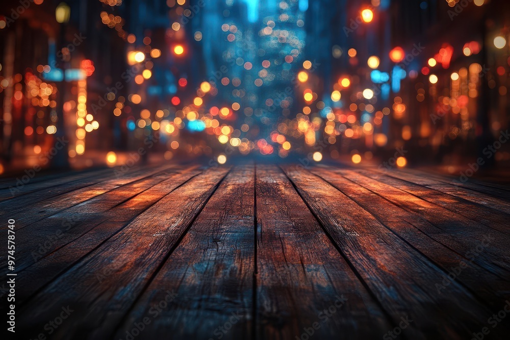 empty rustic wooden floor with bokeh night lights background warm brown tones blurred city ambiance perfect backdrop for product display or event staging elegant minimalism meets urban charm empty rustic wooden floor with bokeh night lights background warm brown tones blurred city ambiance perfect backdrop for product display or event staging elegant minimalism meets urban charm