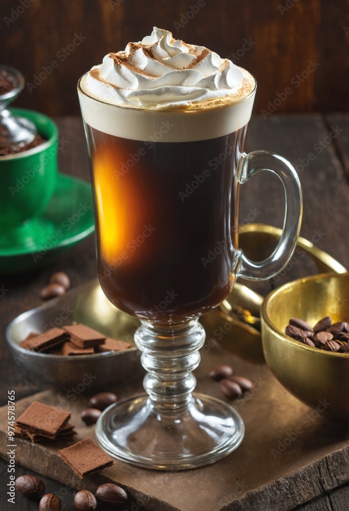Hot coffee with whipped cream and chocolate sprinkles on a wooden table Hot coffee with whipped cream and chocolate sprinkles on a wooden table