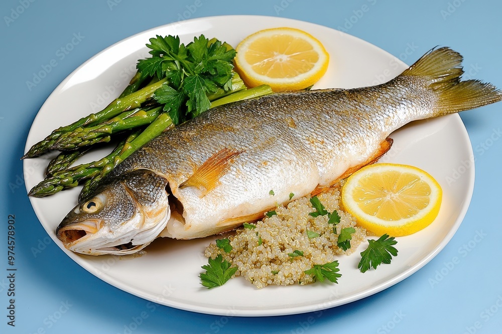 Steamed fish with a side of asparagus and quinoa, served on a white plate with lemon slices and fresh parsley Steamed fish with a side of asparagus and quinoa, served on a white plate with lemon slices and fresh parsley