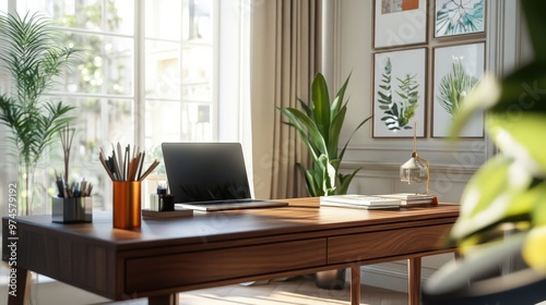 A chic home office with a desk made from sustainable wood and stylish accessories