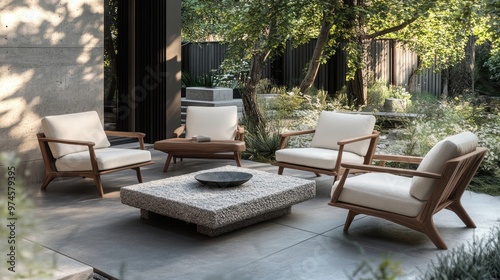 A chic outdoor lounge space with a low stone coffee table, minimalist wooden chairs, and soft neutral cushions