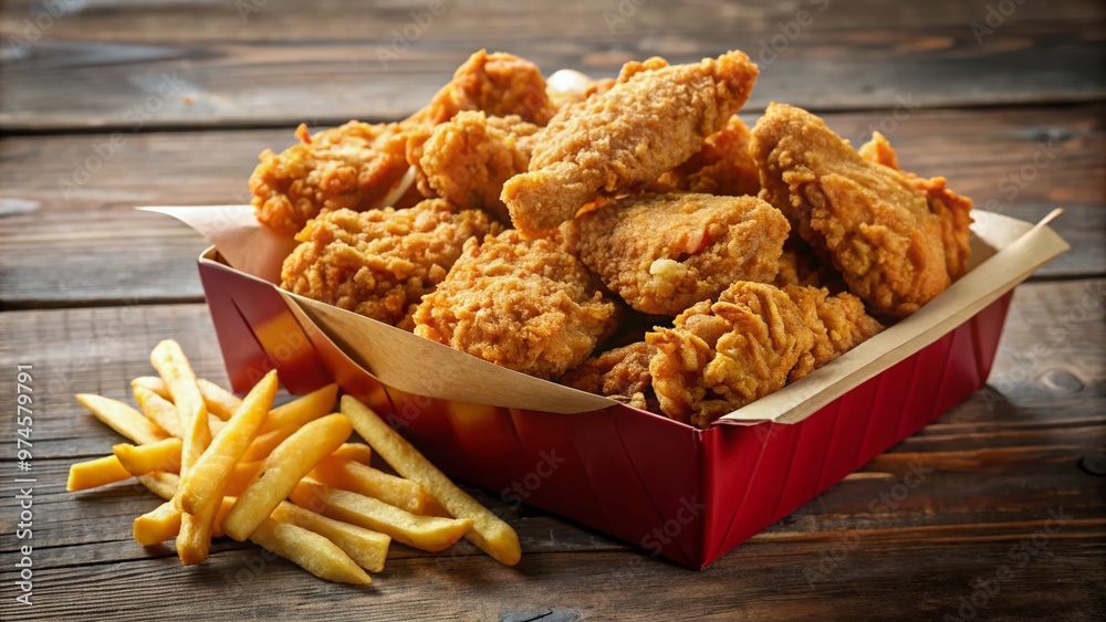 Golden brown, crispy fried chicken pieces and crunchy french fries piled high in a red and white cardboard box on a cluttered table surface.