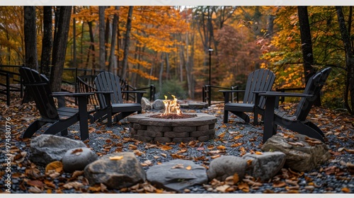 Cozy autumn evenings by the fire pit in a vibrant forest setting surrounded by colorful leaves. Generative AI photo