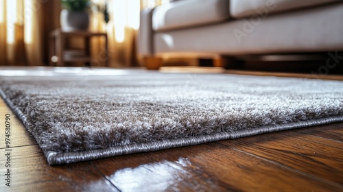 A close-up of a plush area rug on a polished hardwood floor