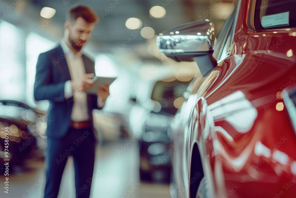 Obraz premium A man in a suit is looking at a tablet while standing in front of a red car