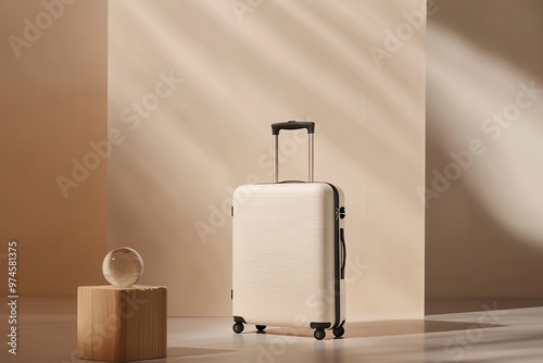 A minimalist suitcase beside a glass orb on a wooden block in a softly lit environment.