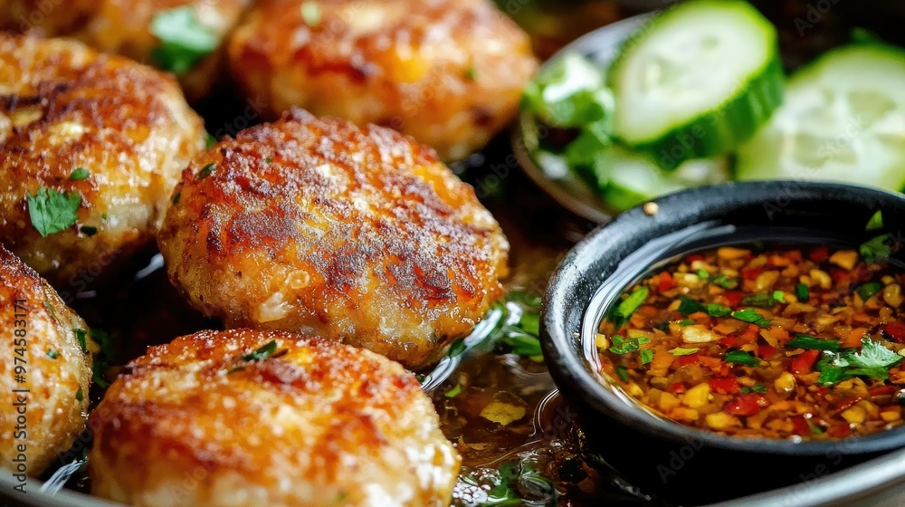 Close-up of Thai fish cakes (tod man pla) frying in hot oil, served with cucumber relish and spicy dipping sauce on the side. Close-up of Thai fish cakes (tod man pla) frying in hot oil, served with cucumber relish and spicy dipping sauce on the side.