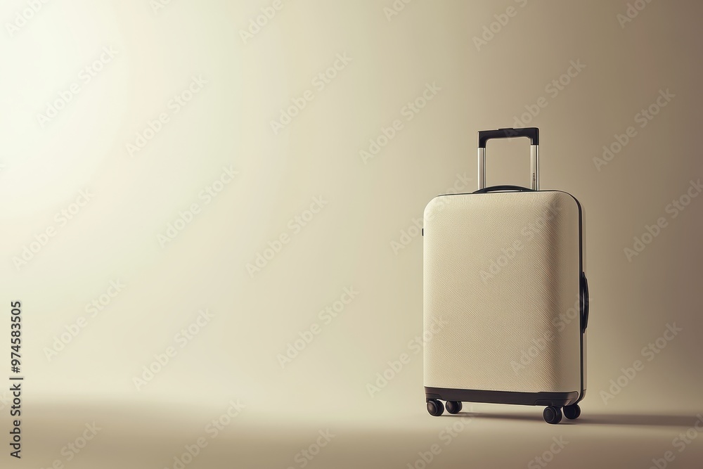 A minimalist suitcase stands against a soft background, symbolizing travel and adventure.