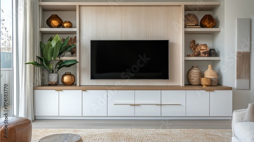 A contemporary media console with a large flat-screen TV and decor