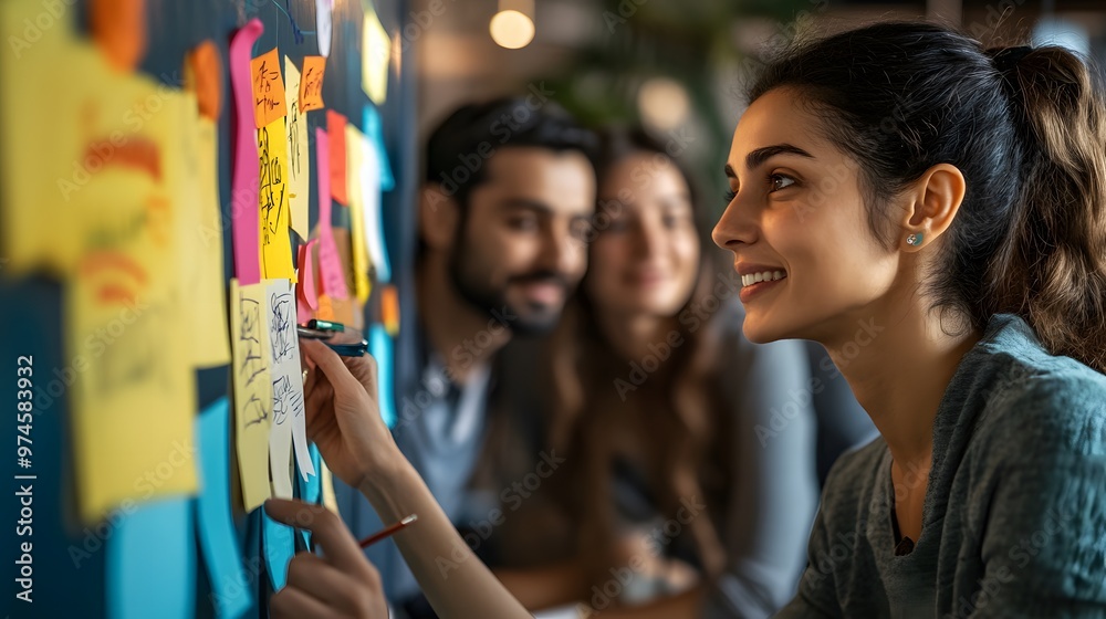 Fototapeta premium Woman writing on sticky notes on a whiteboard with colleagues in the background