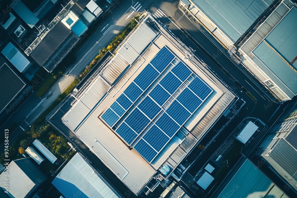 Fototapeta premium Aerial view of a modern warehouse with solar panels on the roof in a green industrial area during daytime