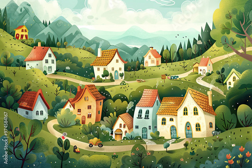 Town and nature, countryside. Country between meadows, forest, mountains, hills and sunny landscape. Village buildings with big windows and tile roof, holiday outside. Flat cartoon vector illustration