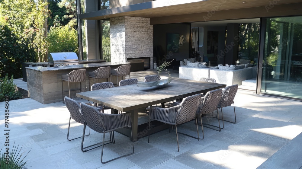 A contemporary outdoor dining set with a large table and modern chairs A contemporary outdoor dining set with a large table and modern chairs