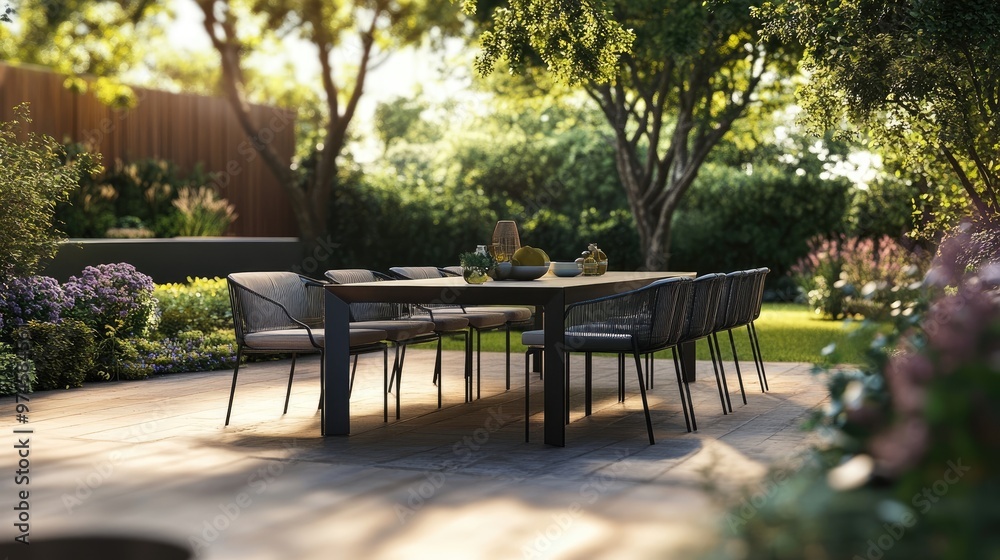 A contemporary outdoor dining set with a sleek table and matching chairs, ideal for enjoying meals al fresco A contemporary outdoor dining set with a sleek table and matching chairs, ideal for enjoying meals al fresco
