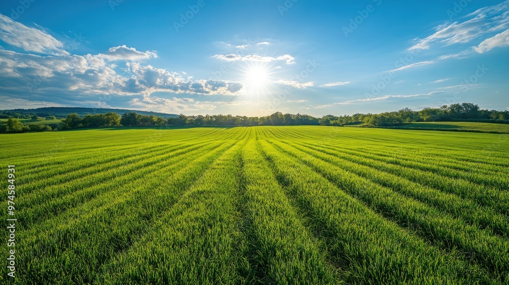 Freshly mown grass field glowing bright green under a summer sun, with the sky forming a perfect backdrop. Freshly mown grass field glowing bright green under a summer sun, with the sky forming a perfect backdrop.