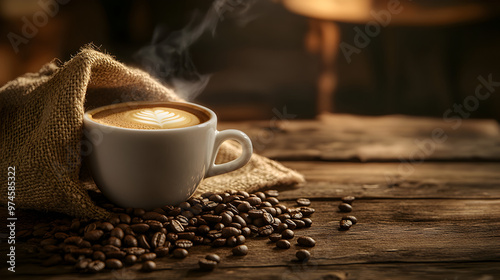 un rico aroma de una taza de cafe caliente con un costal de granos sobre una mesa de madera en una tradicional casa estilo de vida saludable
