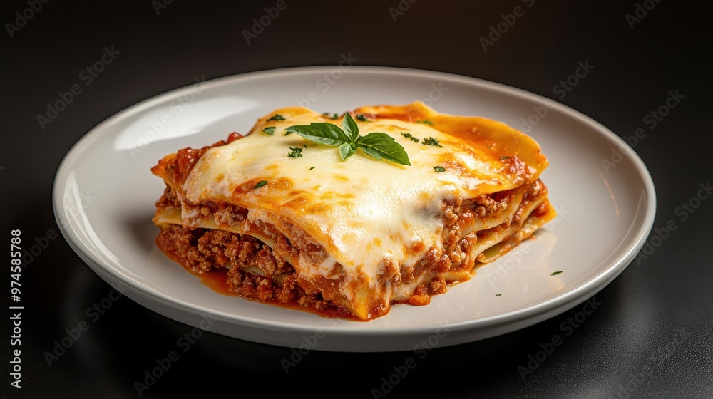 plate of Italian lasagna, with layers of pasta, rich tomato sauce, ground beef, and melted cheese plate of Italian lasagna, with layers of pasta, rich tomato sauce, ground beef, and melted cheese